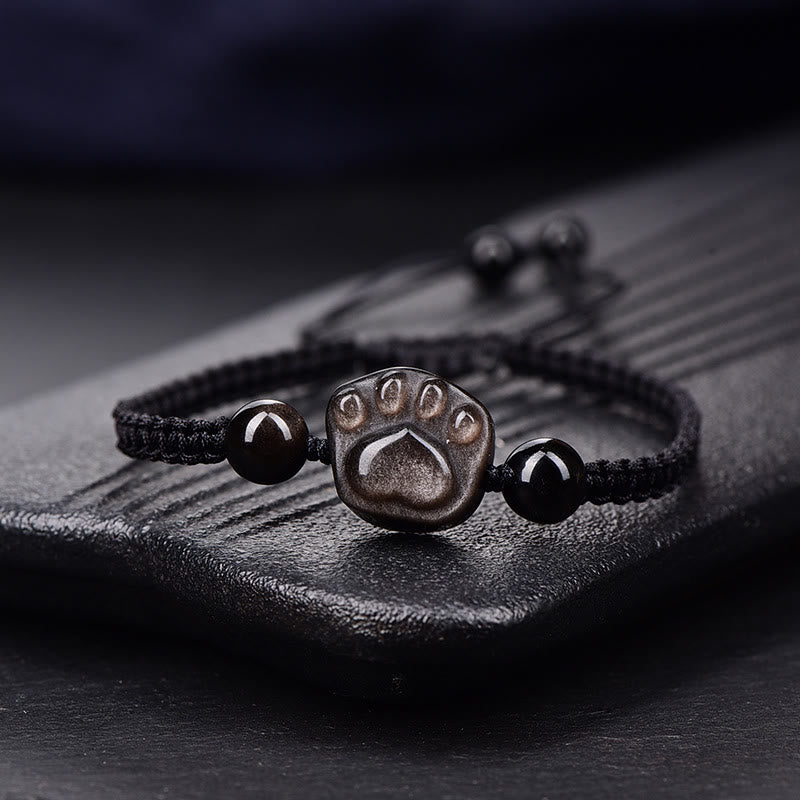 Buddha Stones Natural Silver Sheen Obsidian Gold Sheen Obsidian Cute Cat Paw Claw Protection Rope Bracelet - Silver Sheen Obsidian - Black Rope(Wrist Circumference 14-19cm) - image 6