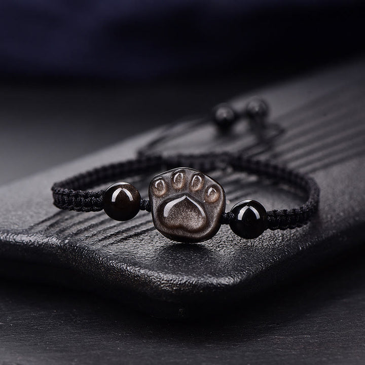Buddha Stones Natural Silver Sheen Obsidian Gold Sheen Obsidian Cute Cat Paw Claw Protection Rope Bracelet - Silver Sheen Obsidian - Black Rope(Wrist Circumference 14-19cm) - image 6