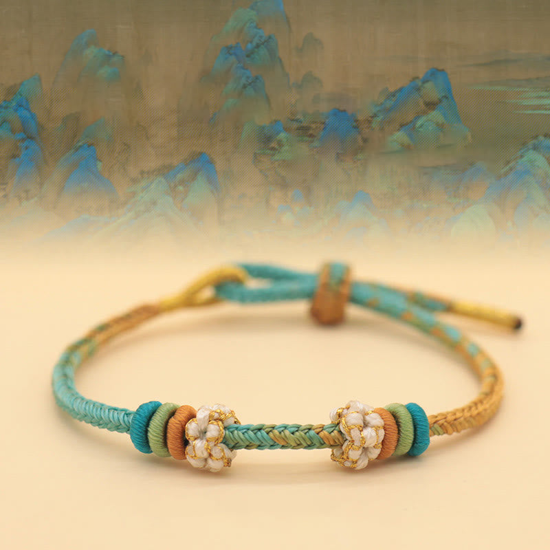 Buddha Stones Handmade Eight Thread Peace Knot Peach Blossom Knot Luck Rope Braided Bracelet - A Panorama Of Rivers And Mountains(Green Yellow) (Wrist Circumference 14-18cm) - image 1