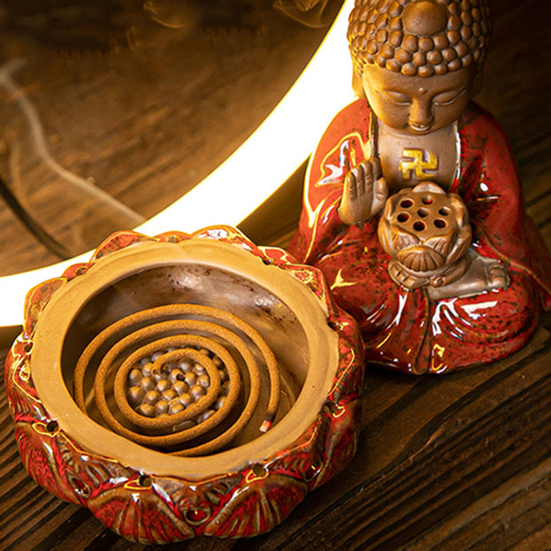 Buddha Stones Buddha Lotus Backflow Smoke Fountain Ceramic Blessing Incense Burner With Light Decoration - image 4