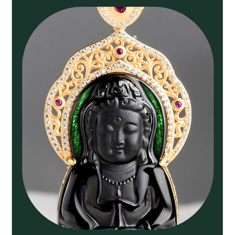 Buddha Stones 925 Sterling Silver Natural Black Jade Kwan Yin Avalokitesvara Wealth Necklace Pendant - image 6
