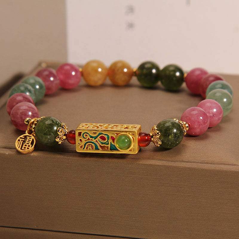 Buddha Stones Colorful Tourmaline Positive Fu Character Charm Bracelet