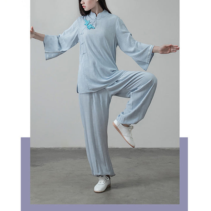 Buddha Stones 2Pcs Tang Suit Frog-Button Shirt Top Pants Meditation Tai Chi Cotton Linen Women's Set