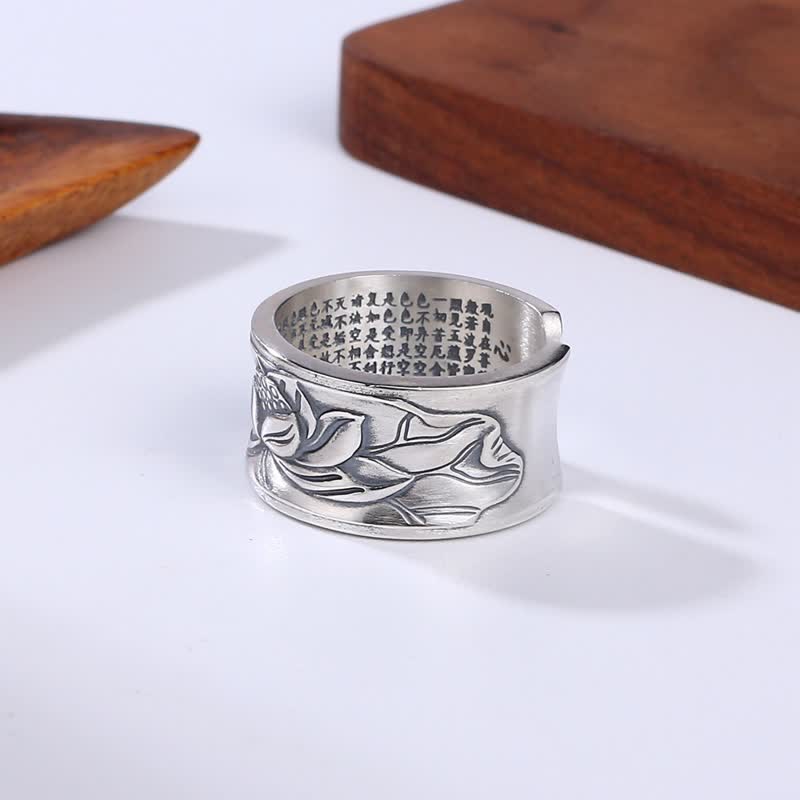 999 Sterling Silver Lotus Flower Heart Sutra Protection Ring