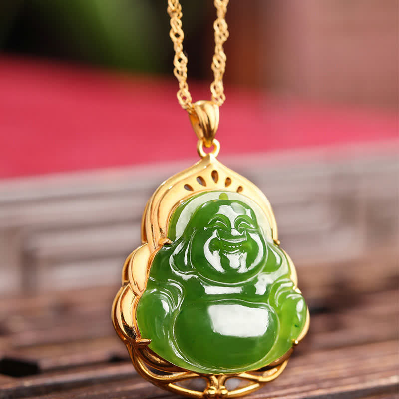 925 Sterling Silver Natural Hetian Cyan Jade Laughing Buddha 18K Gold Healing Necklace Chain Pendant - image 4
