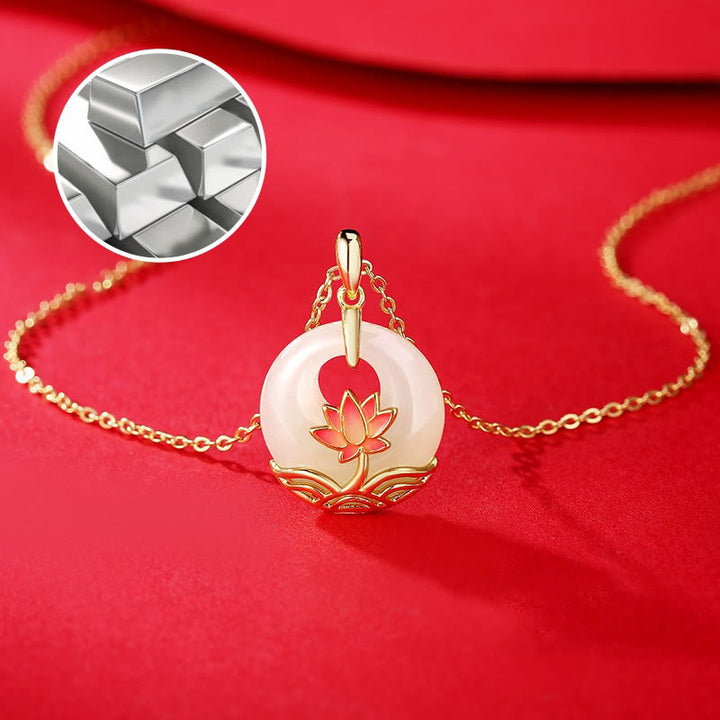 Buddha Stones 925 Sterling Silver Hetian White Jade Lotus Flower Blessing Necklace Pendant - image 6
