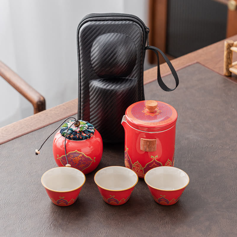 Flower Chinese Gongfu Ceramic Teapot Portable Outdoor Travel Tea Set Bag