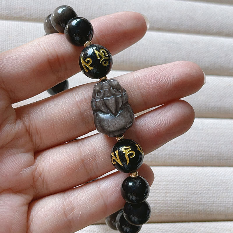 Buddha Stones Natural Silver Sheen Obsidian Black Obsidian Om Mani Padme Hum Pixiu Protection Bracelet