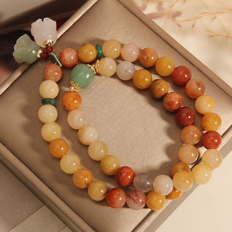 Buddha Stones Tibet Natural Golden Silk Jade Double Layer Bell Orchid Luck Bracelet