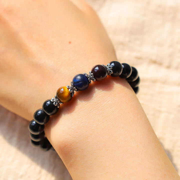 Buddha Stones Natural Black Obsidian Tricolor Tiger Eye Strength Bracelet - image 4
