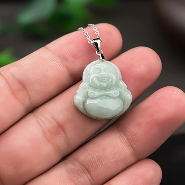 Buddha Stones 925 Sterling Silver Laughing Buddha Jade Blessing Necklace Chain Pendant - image 5