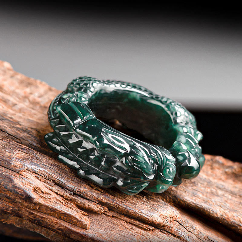 Buddha Stones Natural Cyan Jade Dragon Carved Success Ring