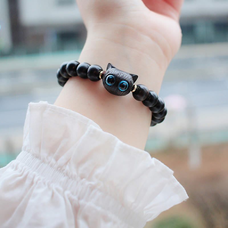 Buddha Stones Ebony Wood Green Sandalwood Cute Cat Peace Bracelet - image 4