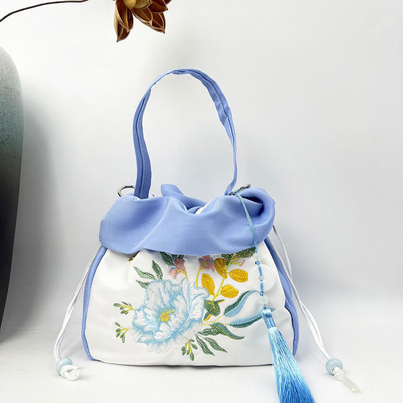 Buddha Stones Suzhou Embroidery Camellia Magnolia Peony Lotus Silk Tote Crossbody Bag Shoulder Bag Handbag