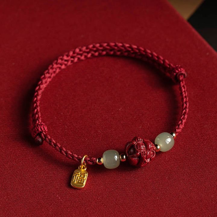 Buddha Stones Natural Cinnabar Chinese Zodiac Hetian Jade Fu Character Luck Rope Bracelet