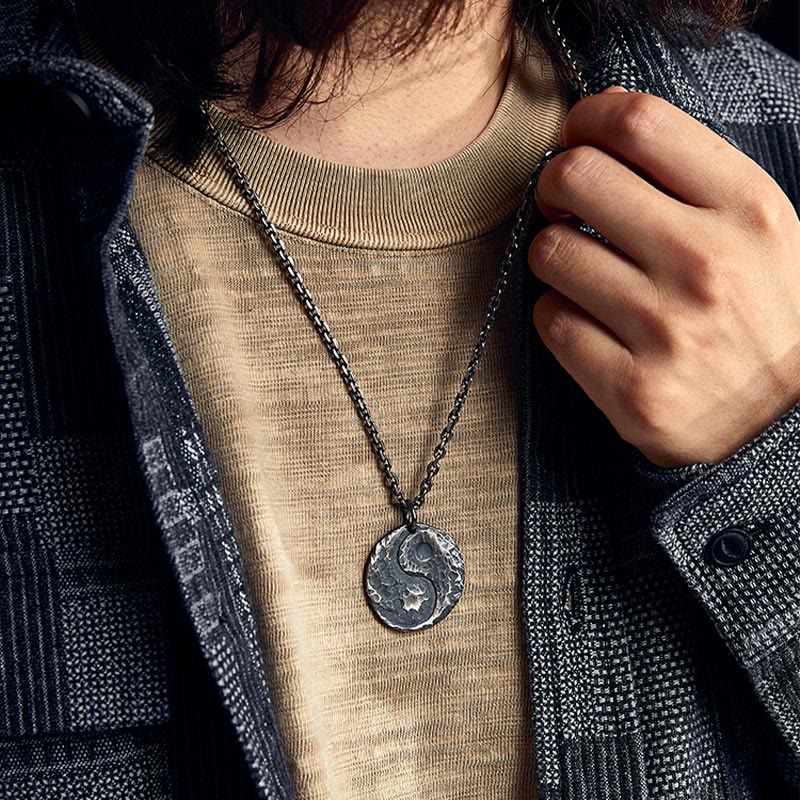 Buddha Stones 990 Sterling Silver Yin Yang Hammer Texture Harmony Necklace Pendant - image 9