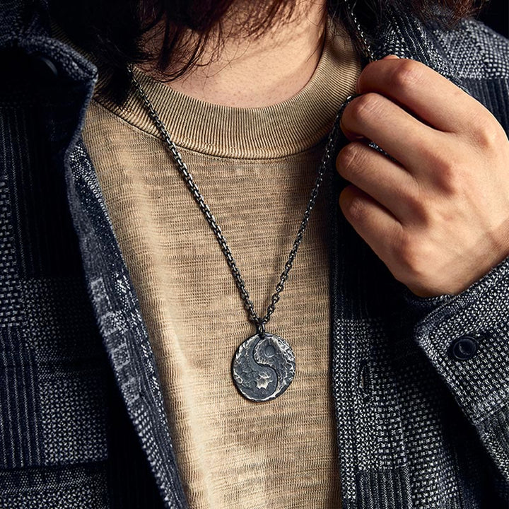 Buddha Stones 990 Sterling Silver Yin Yang Hammer Texture Harmony Necklace Pendant - image 9