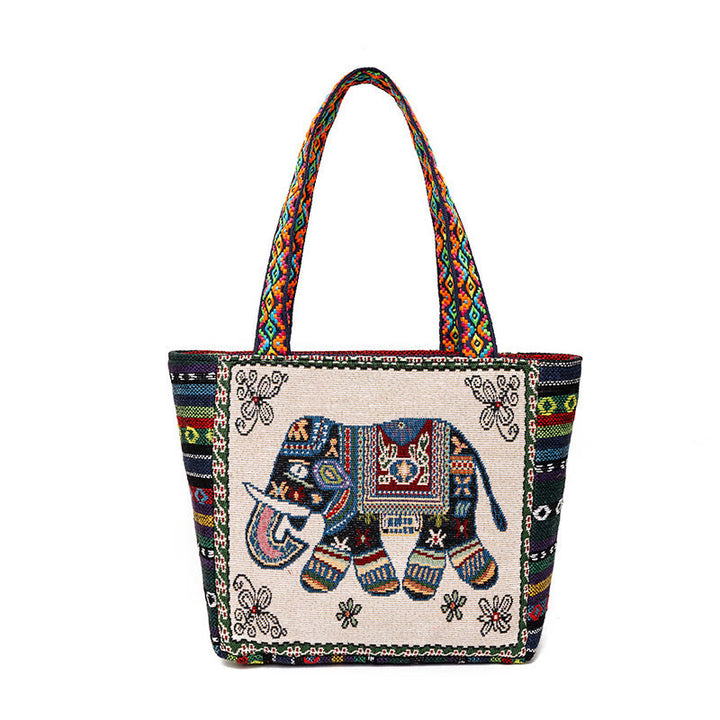Elephant Butterfly Embroidered Large Capacity Canvas Tote Bag Shoulder Bag - Beige Elephant - image 0