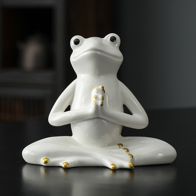 Meditating Ceramic Zen Frog Statue Decoration - Praying Frog - White - image 3