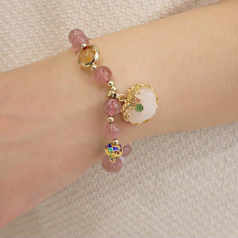 Buddha Stones Strawberry Quartz Green Crystal Amethyst Healing Chinese Lock Charm Bracelet