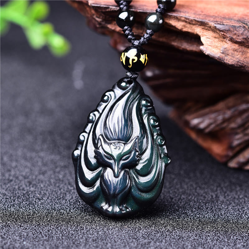 Natural Rainbow Obsidian Nine Tailed Fox Inner Peace Necklace Beaded String Pendant