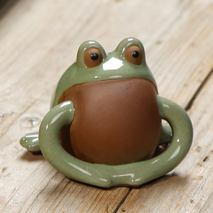 Buddha Stones FengShui Wealth Lucky Cute Frog Ceramic Tea Pet Figurine Decoration - Frog Arms Down 8.7*6.2cm - image 5