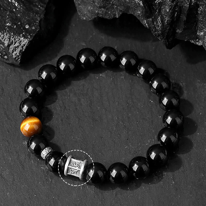 Buddha Stones 999 Sterling Silver Black Obsidian Tiger Eye Om Mani Padme Hum Fulfillment Bracelet - image 4
