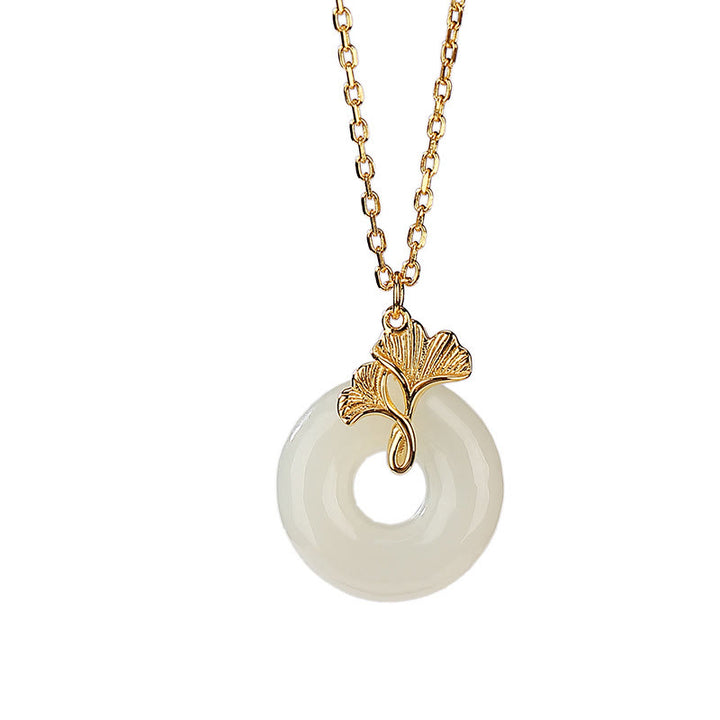 Buddha Stones 925 Sterling Silver Natural Hetian Jade Ginkgo Leaf Peace Buckle Luck Necklace Pendant - image 6