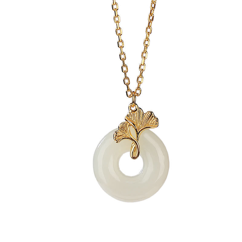 Buddha Stones 925 Sterling Silver Natural Hetian Jade Ginkgo Leaf Peace Buckle Luck Necklace Pendant - image 6