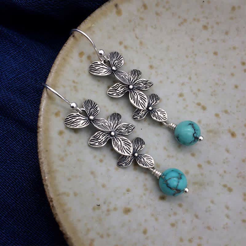 925 Sterling Silver Turquoise Lazurite Flower Leaf Serenity Protection Hook Drop Dangle Earrings - image 6