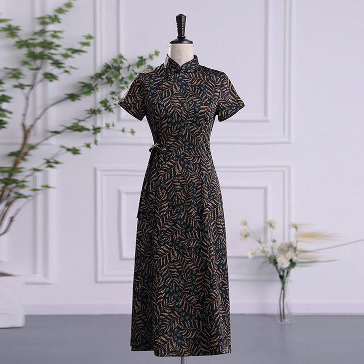 Buddha Stones Vintage Auspicious Clouds Leaf Print Cheongsam Dress Women's Qipao Dress