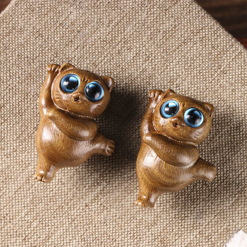 Buddha Stones Mini Green Sandalwood Dancing Cat Engraved Positive Desk Decorations - image 3