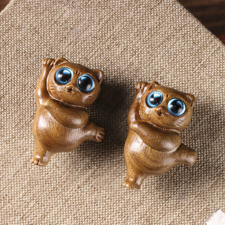 Buddha Stones Mini Green Sandalwood Dancing Cat Engraved Positive Desk Decorations - image 3