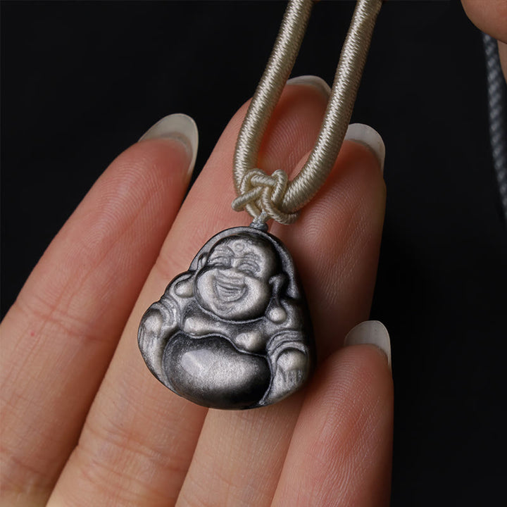 Buddha Stones Natural Silver Sheen Obsidian Laughing Buddha Protection Necklace Pendant - image 6