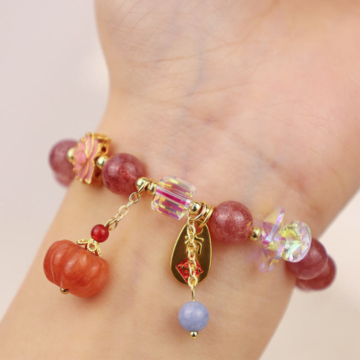 Buddha Stones Natural Strawberry Quartz Fu Character Pumpkin Charm Positive Bracelet