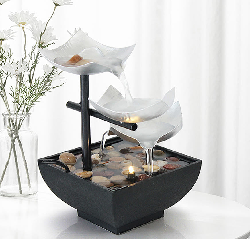 Three Layers Waterfall Fountain Tabletop Lotus Ornaments With River Rocks Desktop Decoration