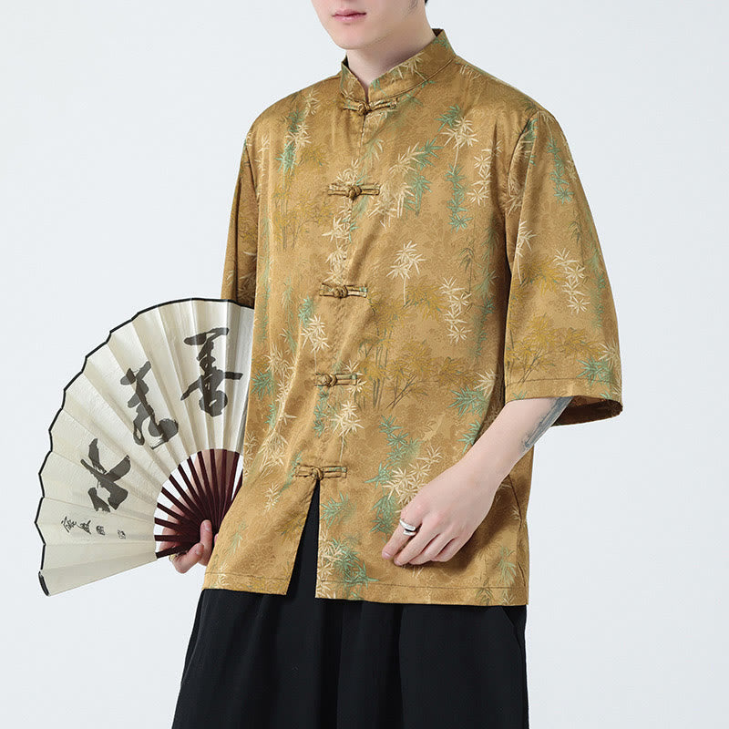 Buddha Stones Bamboo Leaves Pattern Chinese Half Sleeve Shirt Men T-shirt