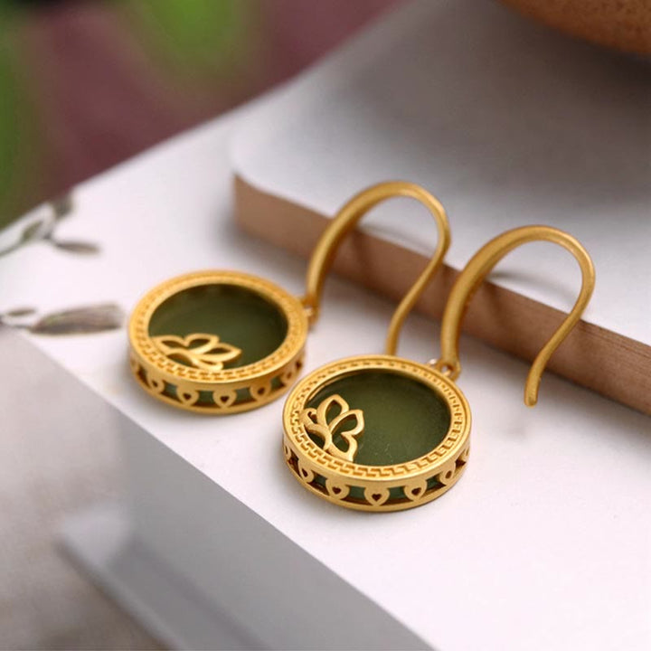 Buddha Stones 925 Sterling Silver Plated Gold Natural Round Hetian Cyan Jade Success Necklace Pendant Ring Earrings Set