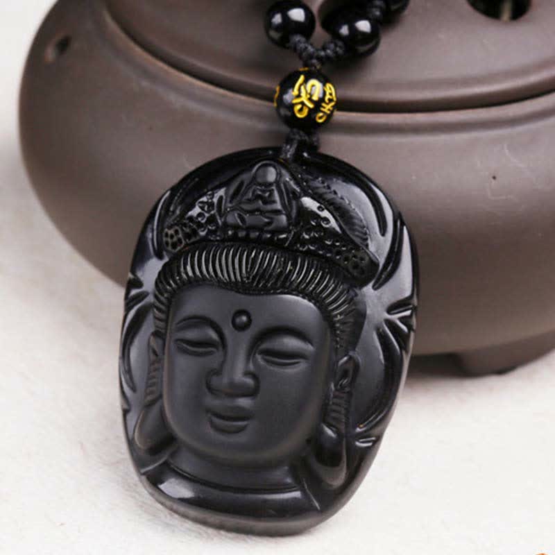Buddha Stones Natural Black Obsidian Kwan Yin Avalokitesvara Strength String Necklace Pendant - image 7