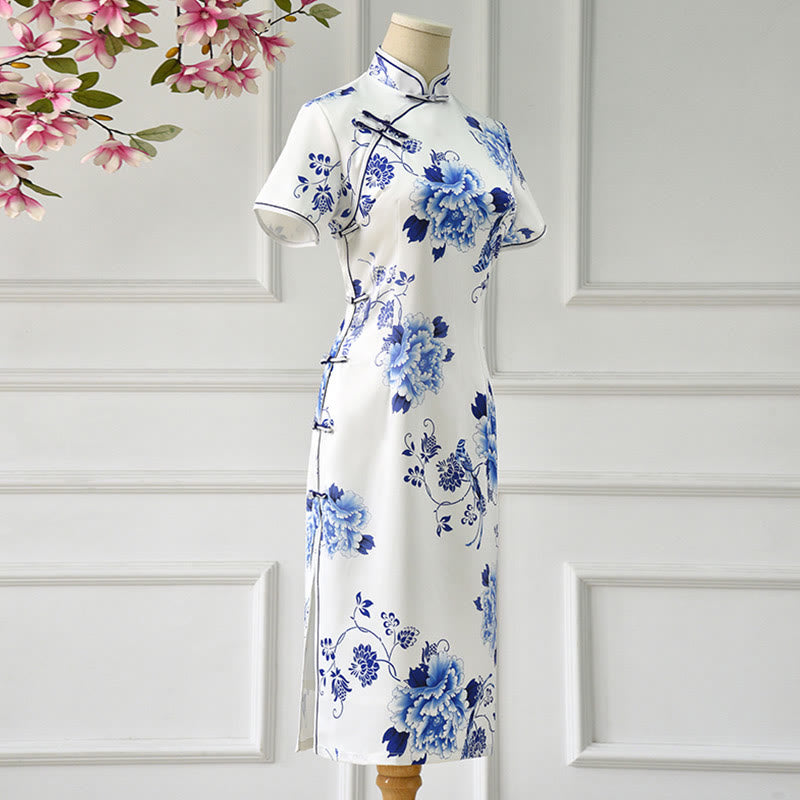 Buddha Stones Blue And White Porcelain Color Peony Flower Pattern Cheongsam Dress Women's Qipao Dress