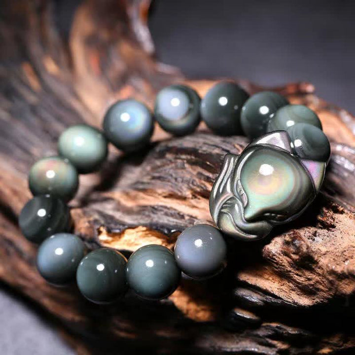 Buddha Stones Rainbow Obsidian Fox Healing Positive Bracelet - 16mm Rainbow Obsidian(Color Shifts in Light) - image 0