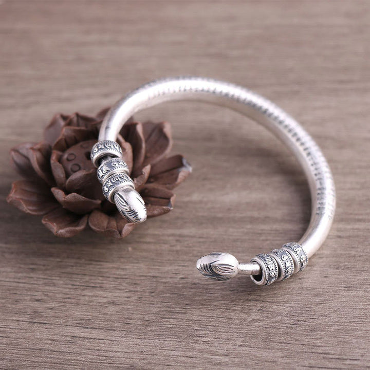 Buddha Stones 999 Sterling Silver Heart Sutra Om Mani Padme Hum Engraved Peace Purity Bracelet Bangle - image 1
