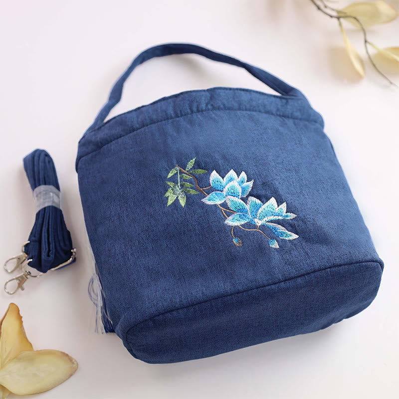 Buddha Stones Embroidery Wisteria Plum Lotus Cherry Blossom Cotton Linen Canvas Tote Crossbody Bag Shoulder Bag Handbag