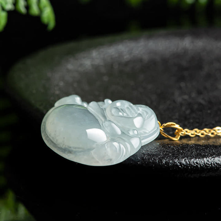 Laughing Buddha Natural Jade 18K Gold Abundance Necklace Pendant - image 4