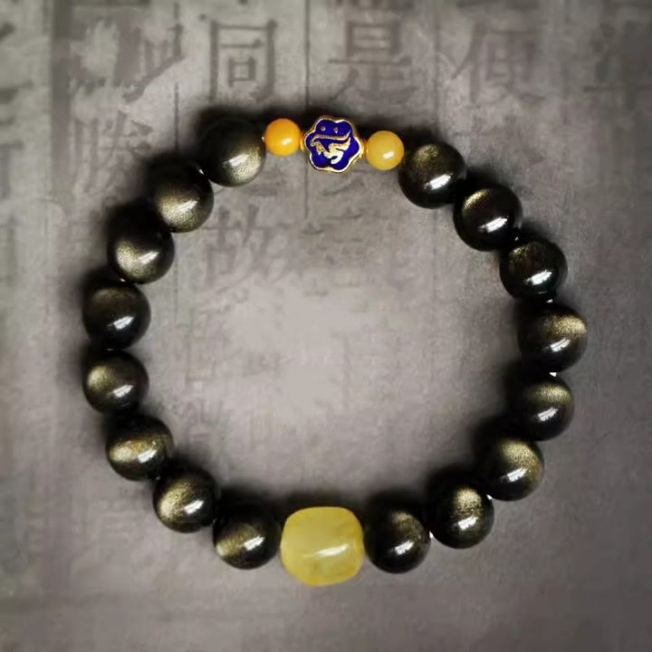 Buddha Stones 925 Sterling Silver Chinese Zodiac Natal Buddha Natural Gold Sheen Obsidian Amber Wealth Protection Bracelet - image 3