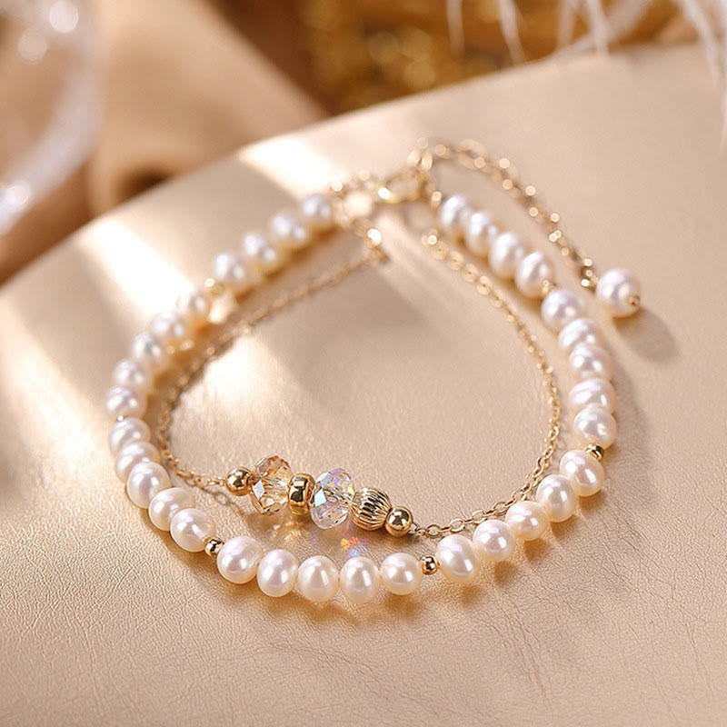 Buddha Stones 925 Sterling Silver Plated 14k Gold Natural Pearl Crystal Healing Double Layer Bracelet - image 1