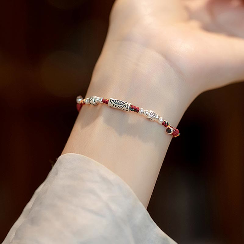 Buddha Stones 925 Sterling Silver Luck Koi Fish Braided Colorful String Bracelet Anklet - image 5
