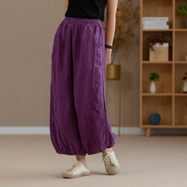 Buddha Stones Ramie Linen Flexible Waistband Yoga Harem Pants With Pockets