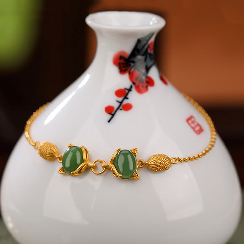 Buddha Stones 925 Sterling Silver Natural Hetian White Jade Cyan Jade Lovely Fox Luck Bracelet - image 2