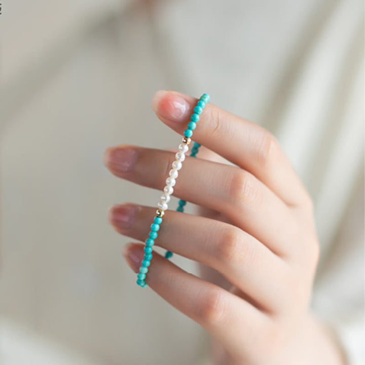 Buddha Stones 925 Sterling Silver Natural Turquoise Pearl Beaded Bracelet - image 9